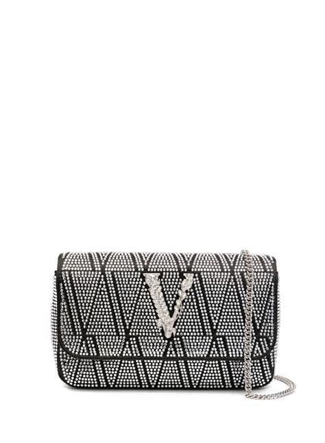 VERSACE Tweed Lambskin Virtus Mini Chain Bag Black